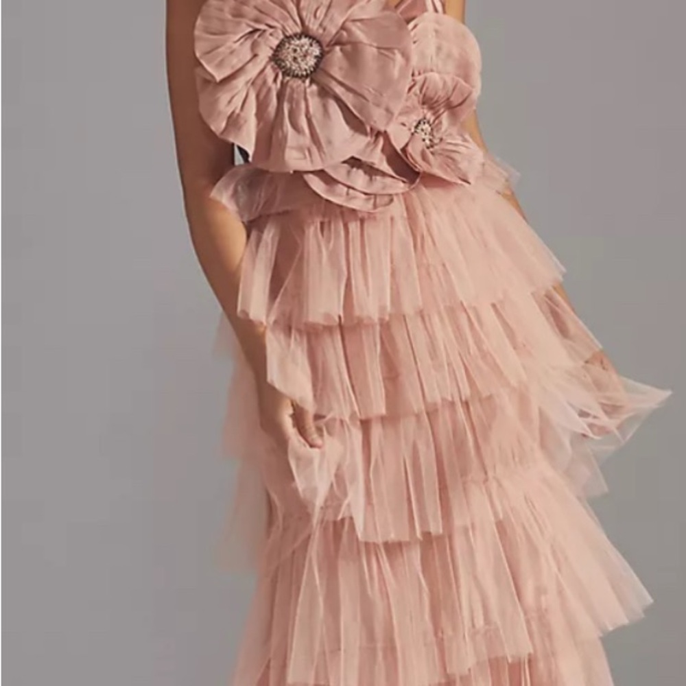 Anthropologie Pink One Shoulder Ruffled Gown